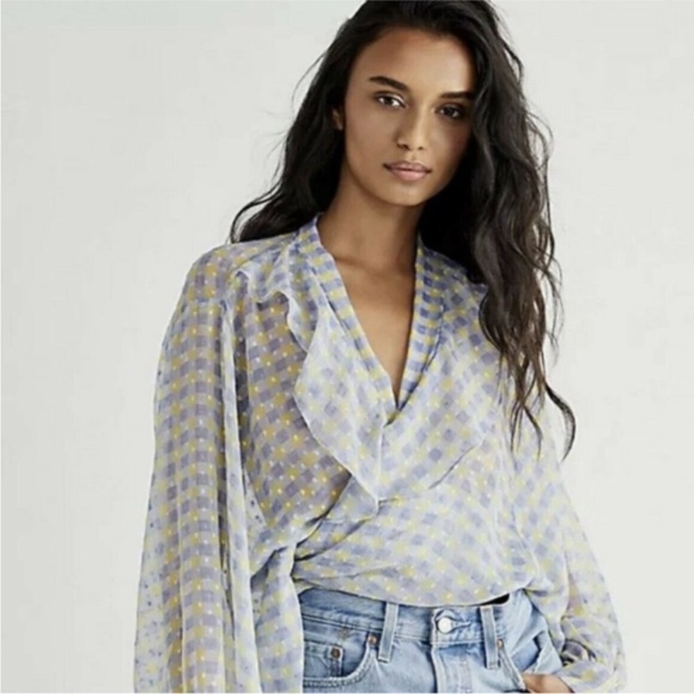 Free People Sheer Blue and Yellow Blouse
